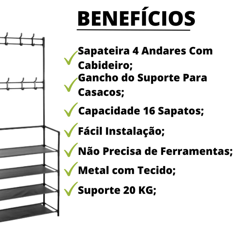 Sapateira com Cabideiro 4 Andares – Organize 12 Pares + Roupas e Acessórios em um Só Lugar!