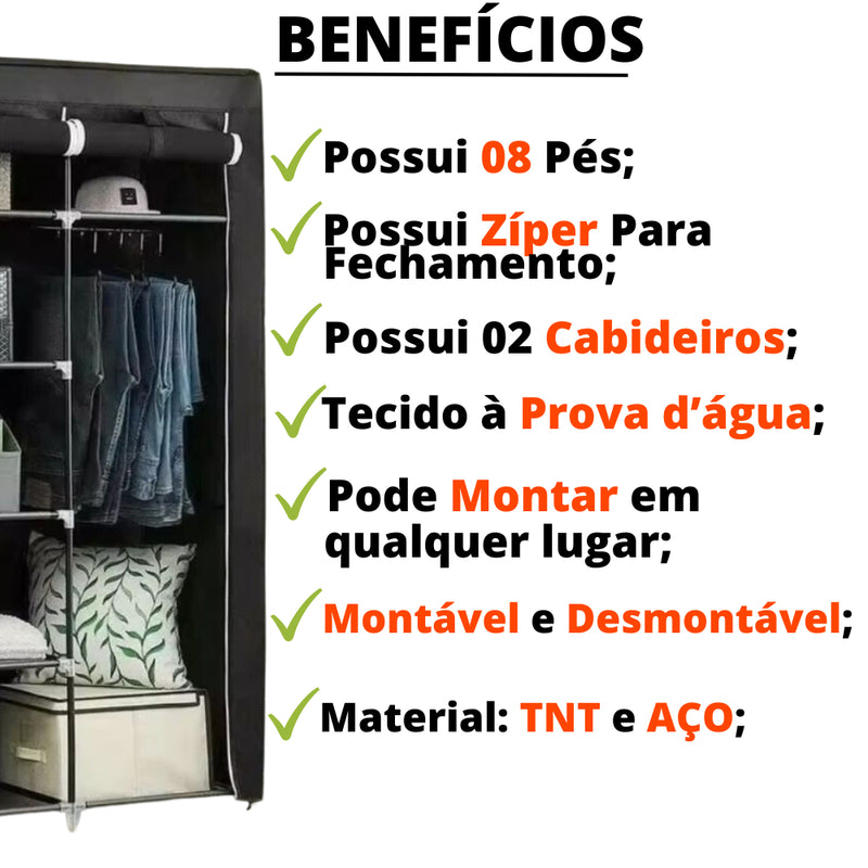 Guarda-Roupa Dobrável 3 Portas com Cabideiro e Sapateira – Portátil, Multiuso e Impermeável!