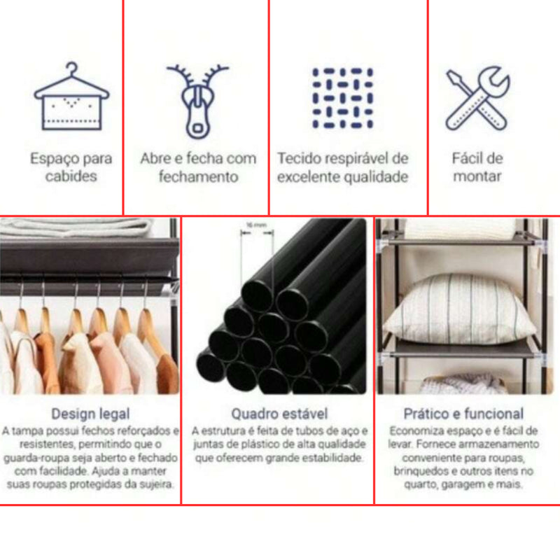Guarda-Roupa Dobrável 3 Portas com Cabideiro e Sapateira – Portátil, Multiuso e Impermeável!
