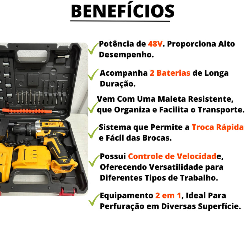 Parafusadeira Furadeira 48V 2 BATERIAS Muito Forte Com Maleta Completa RESISTENTE