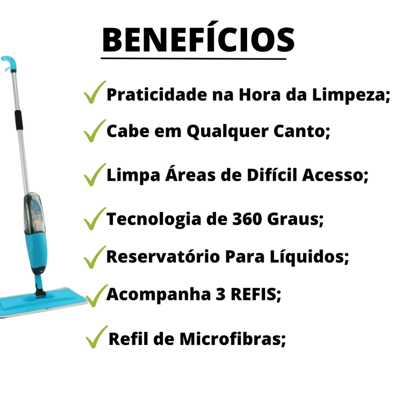 Mop Spray 3 em 1 com Reservatório 400ml – Limpeza Rápida e Eficiente: Lava, Enxágua e Seca Sem Esforço!