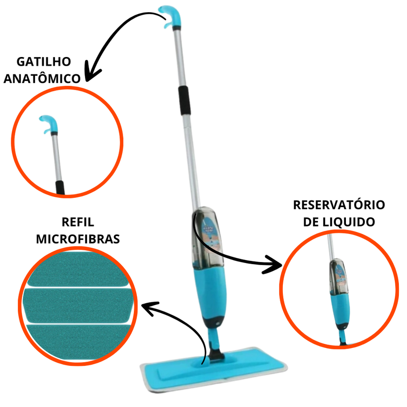 Mop Spray 3 em 1 com Reservatório 400ml – Limpeza Rápida e Eficiente: Lava, Enxágua e Seca Sem Esforço!